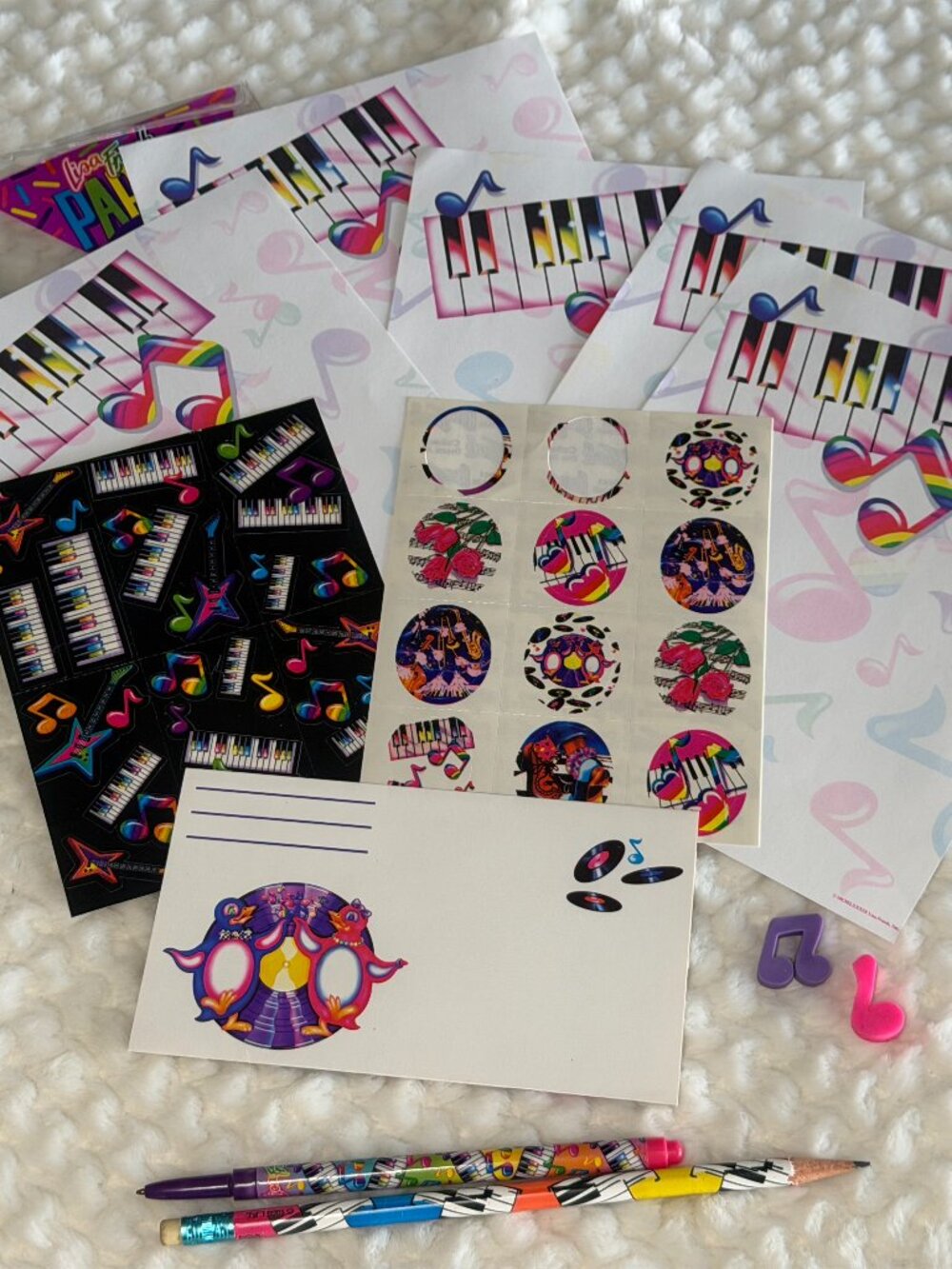 Vintage Lisa Frank Piano Music Notes Stationary Set -Pen still writes! Purple In